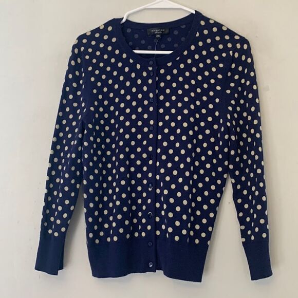 SPENSE SWEATER Navy and tan polka dot cardigan Size M NWT - Picture 1 of 8
